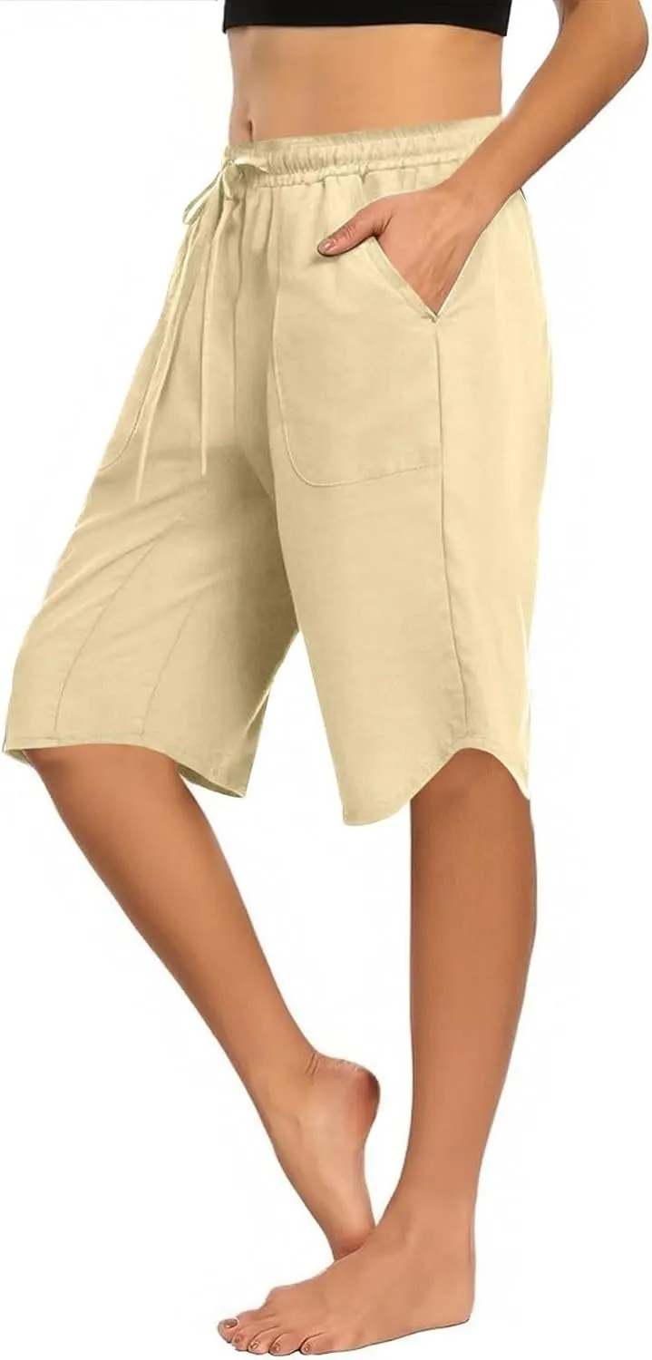 Linen Shorts for Women 2025 Knee Length Casual Summer Drawstring Waist Shorts Lightweight Loose Beach Pants