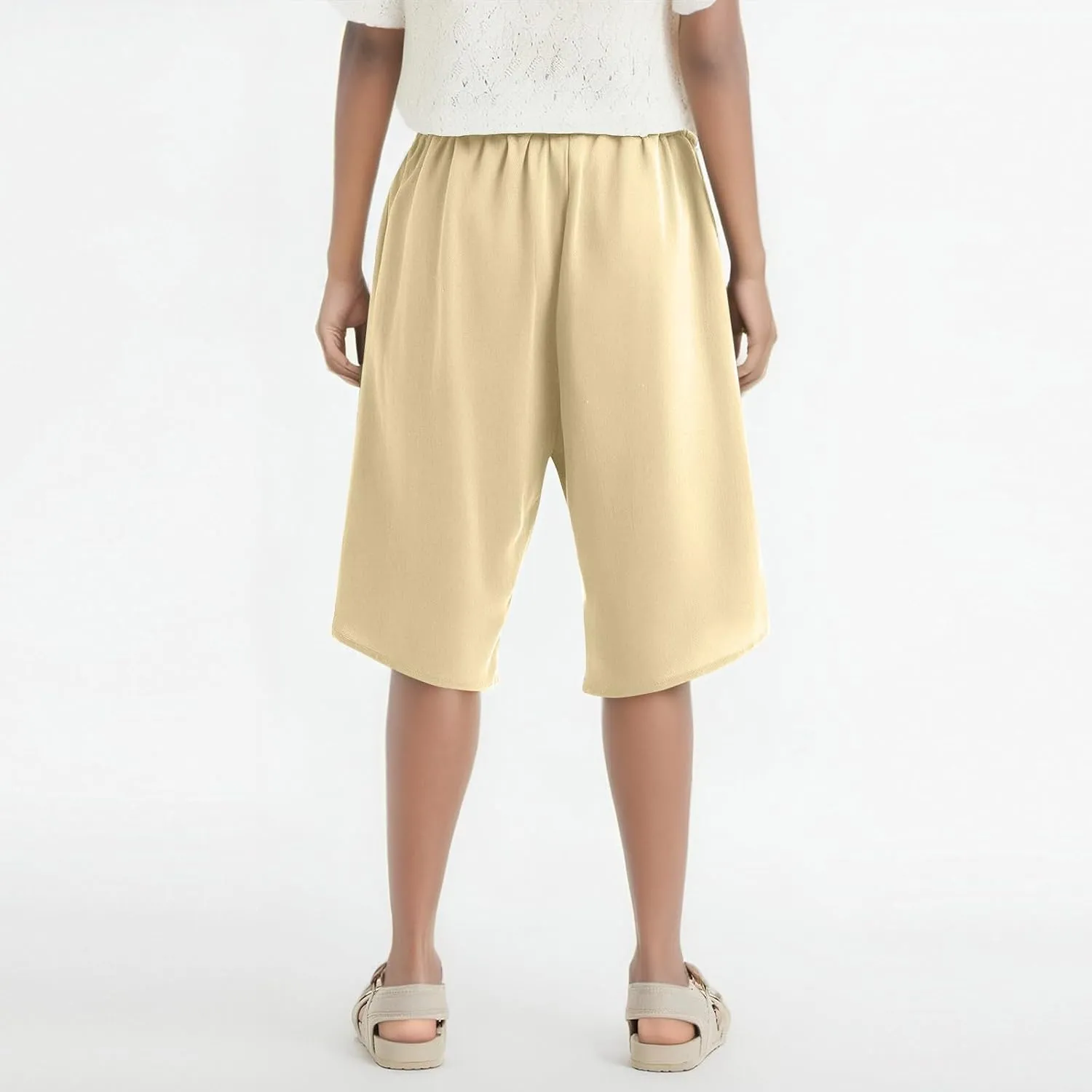 Linen Shorts for Women 2025 Knee Length Casual Summer Drawstring Waist Shorts Lightweight Loose Beach Pants