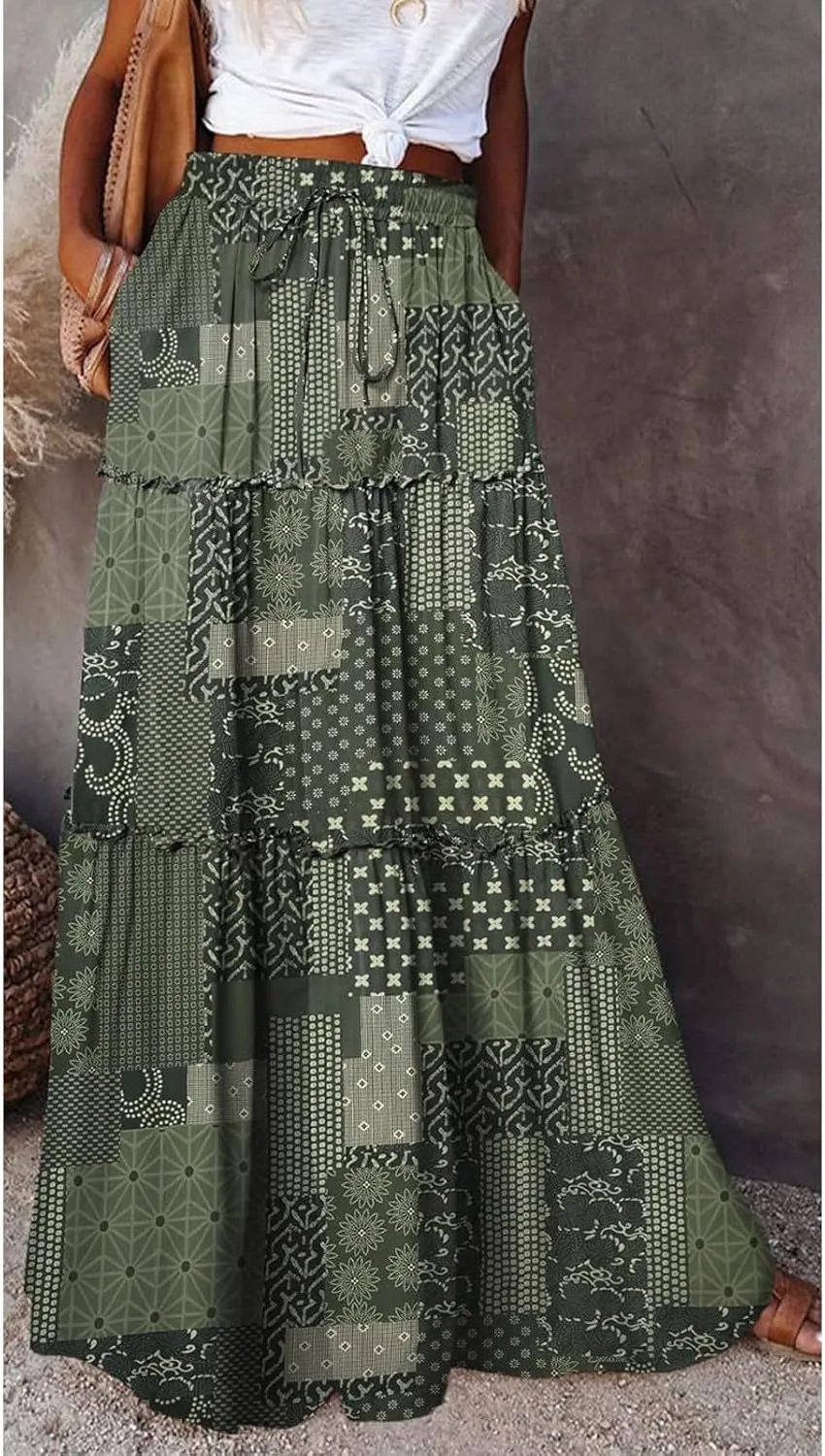 Long Skirts for Women Drawstring Elastic Waist Pleated Skirt Boho Paisley Printed Beach Party Skorts with Pockets