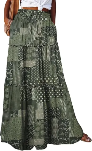 Long Skirts for Women Drawstring Elastic Waist Pleated Skirt Boho Paisley Printed Beach Party Skorts with Pockets