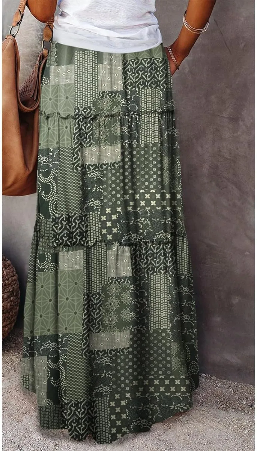 Long Skirts for Women Drawstring Elastic Waist Pleated Skirt Boho Paisley Printed Beach Party Skorts with Pockets