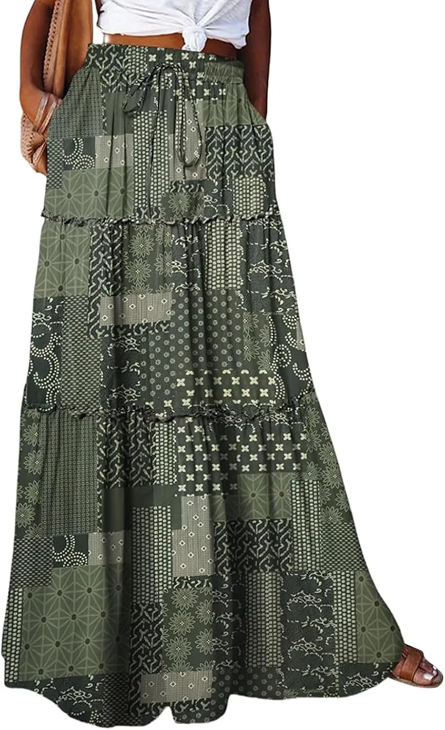Long Skirts for Women Drawstring Elastic Waist Pleated Skirt Boho Paisley Printed Beach Party Skorts with Pockets