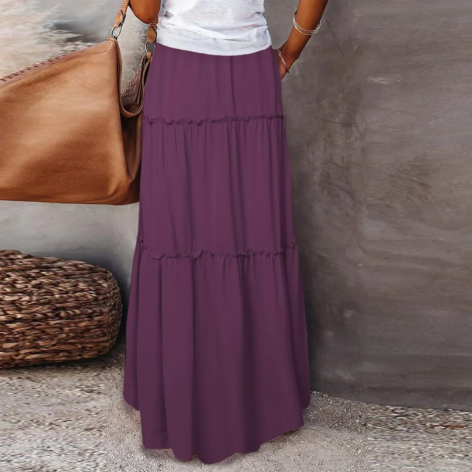 Long Skirts for Women Trendy Womens Boho Maxi Skirt Elastic High Waist Pleated Ruffle Flowy Long Skirts White Skirt S-XL