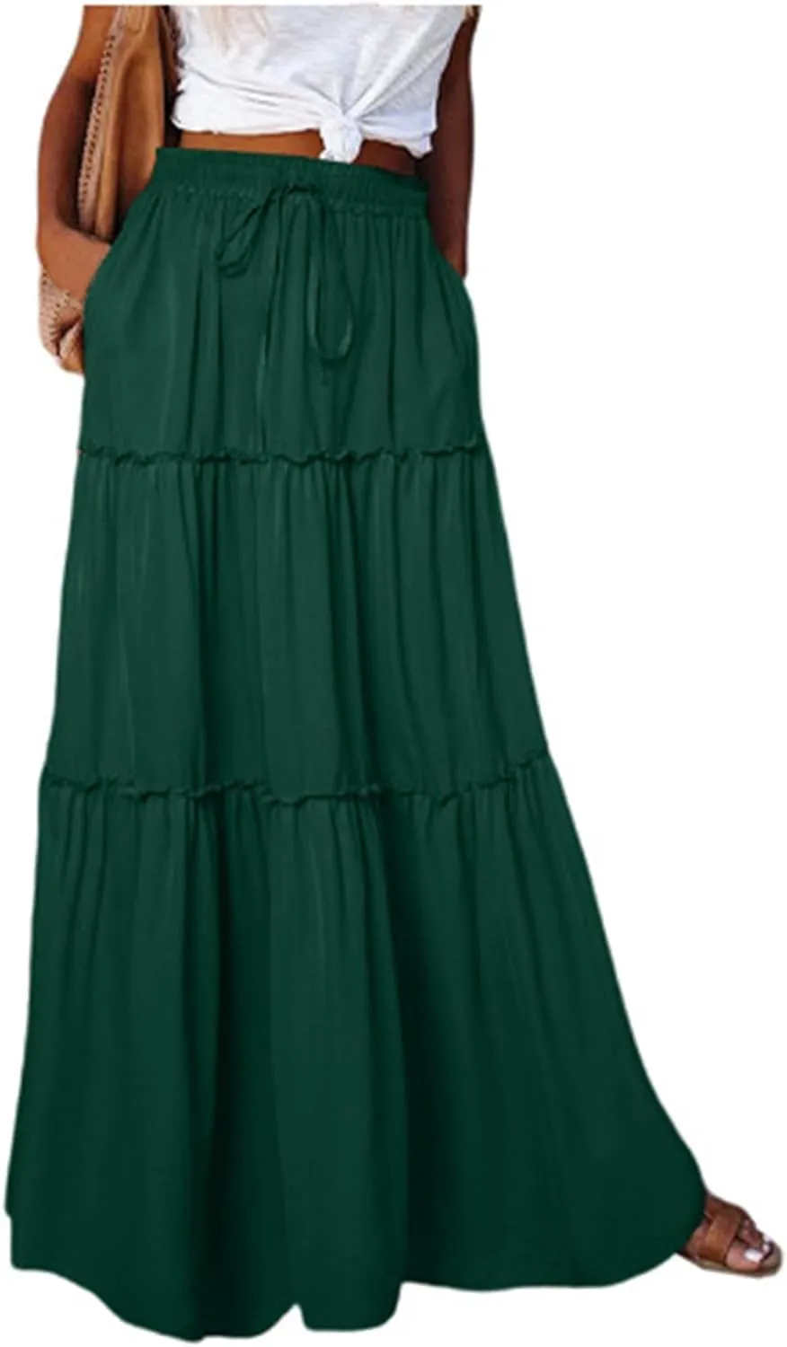 Long Skirts for Women Trendy Womens Boho Maxi Skirt Elastic High Waist Pleated Ruffle Flowy Long Skirts White Skirt S-XL