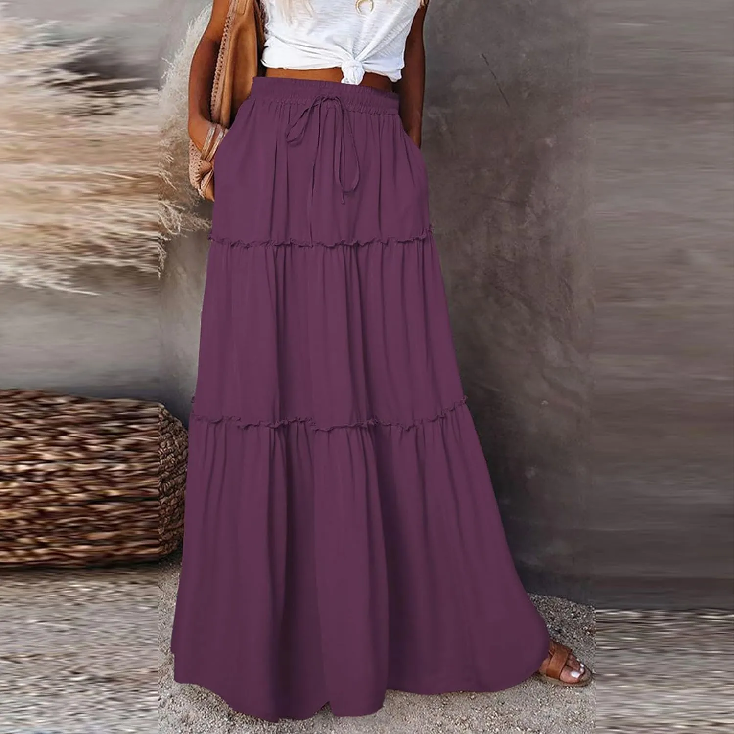 Long Skirts for Women Trendy Womens Boho Maxi Skirt Elastic High Waist Pleated Ruffle Flowy Long Skirts White Skirt S-XL