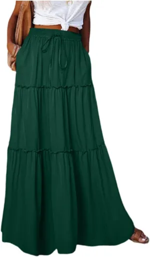 Long Skirts for Women Trendy Womens Boho Maxi Skirt Elastic High Waist Pleated Ruffle Flowy Long Skirts White Skirt S-XL