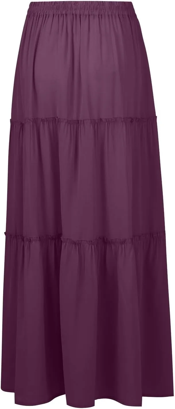 Long Skirts for Women Trendy Womens Boho Maxi Skirt Elastic High Waist Pleated Ruffle Flowy Long Skirts White Skirt S-XL