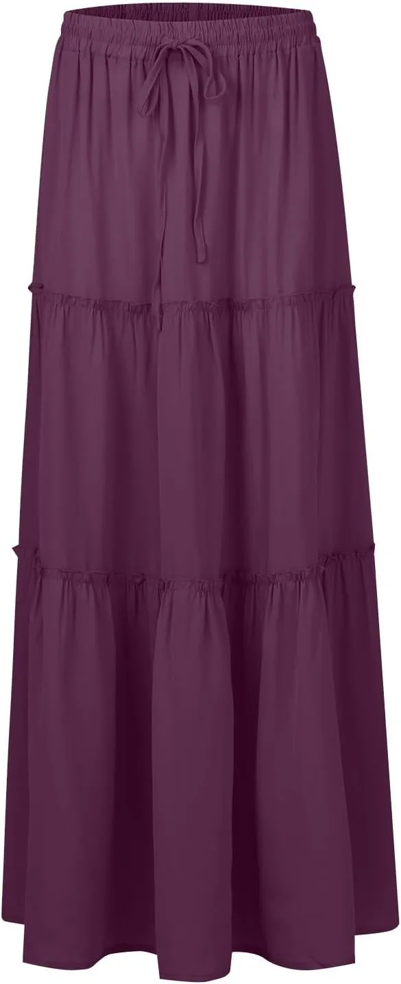 Long Skirts for Women Trendy Womens Boho Maxi Skirt Elastic High Waist Pleated Ruffle Flowy Long Skirts White Skirt S-XL