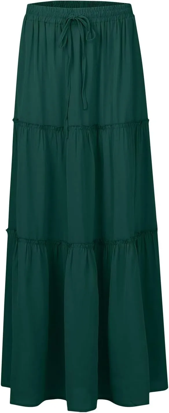 Long Skirts for Women Trendy Womens Boho Maxi Skirt Elastic High Waist Pleated Ruffle Flowy Long Skirts White Skirt S-XL