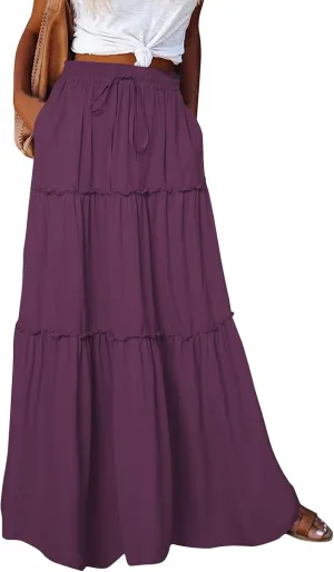 Long Skirts for Women Trendy Womens Boho Maxi Skirt Elastic High Waist Pleated Ruffle Flowy Long Skirts White Skirt S-XL