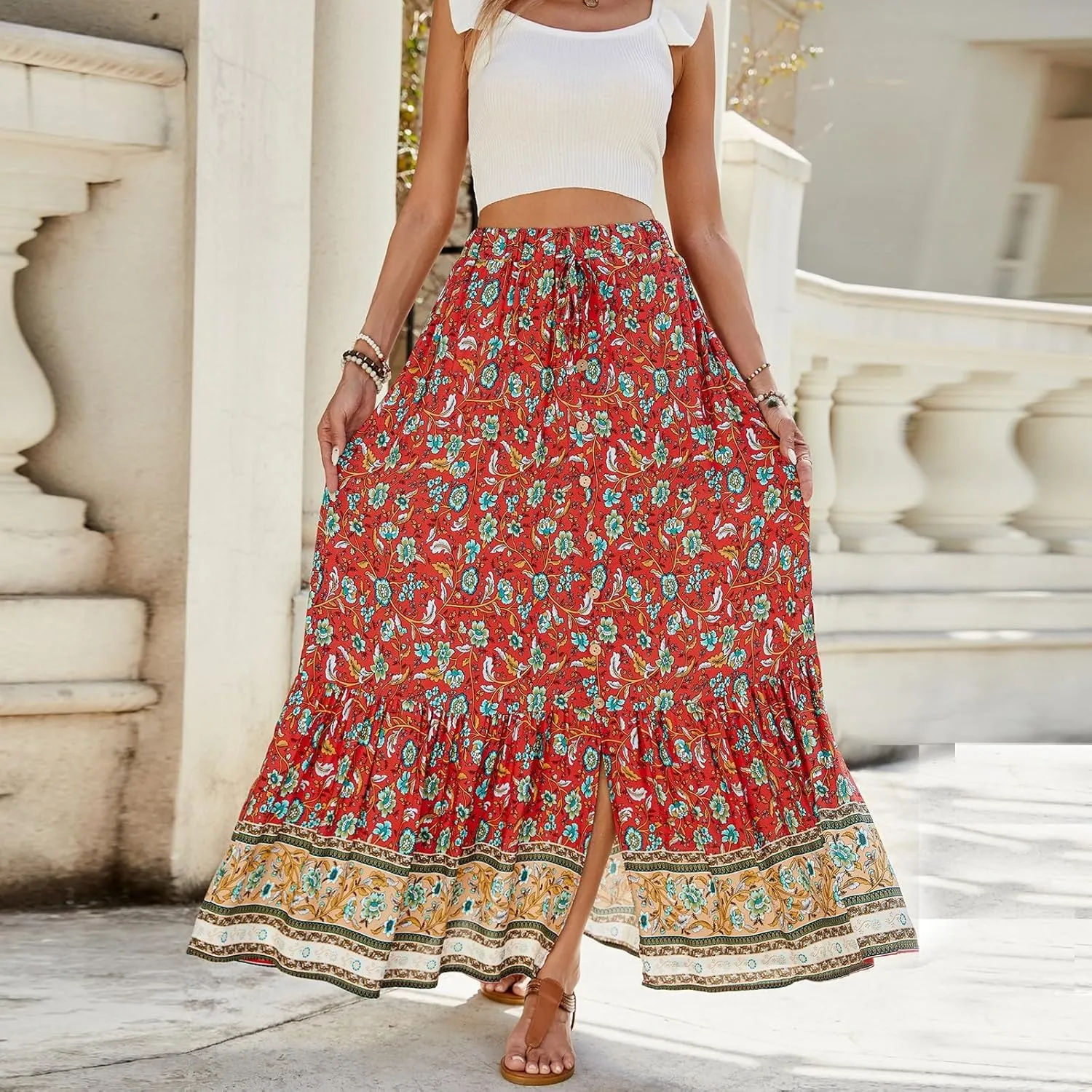Long Skirts for Women,Elastic Waist Flowy Maxi Skirts 2025 Trendy Easter Boho Skirt Spring Summer Beach Vacation