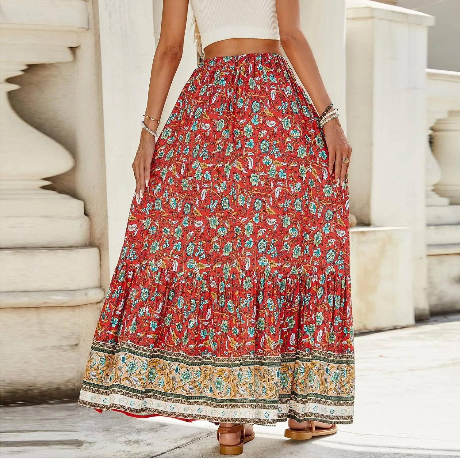 Long Skirts for Women,Elastic Waist Flowy Maxi Skirts 2025 Trendy Easter Boho Skirt Spring Summer Beach Vacation