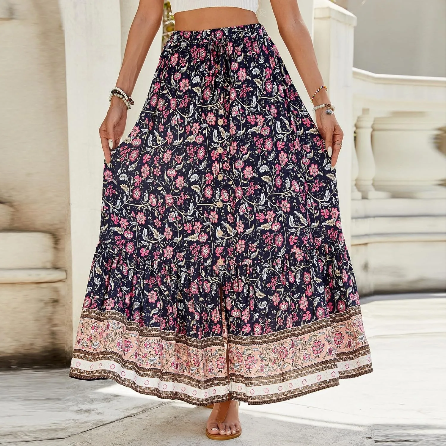 Long Skirts for Women,Elastic Waist Flowy Maxi Skirts 2025 Trendy Easter Boho Skirt Spring Summer Beach Vacation