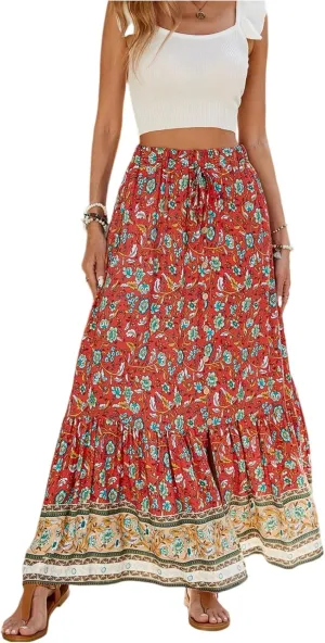 Long Skirts for Women,Elastic Waist Flowy Maxi Skirts 2025 Trendy Easter Boho Skirt Spring Summer Beach Vacation