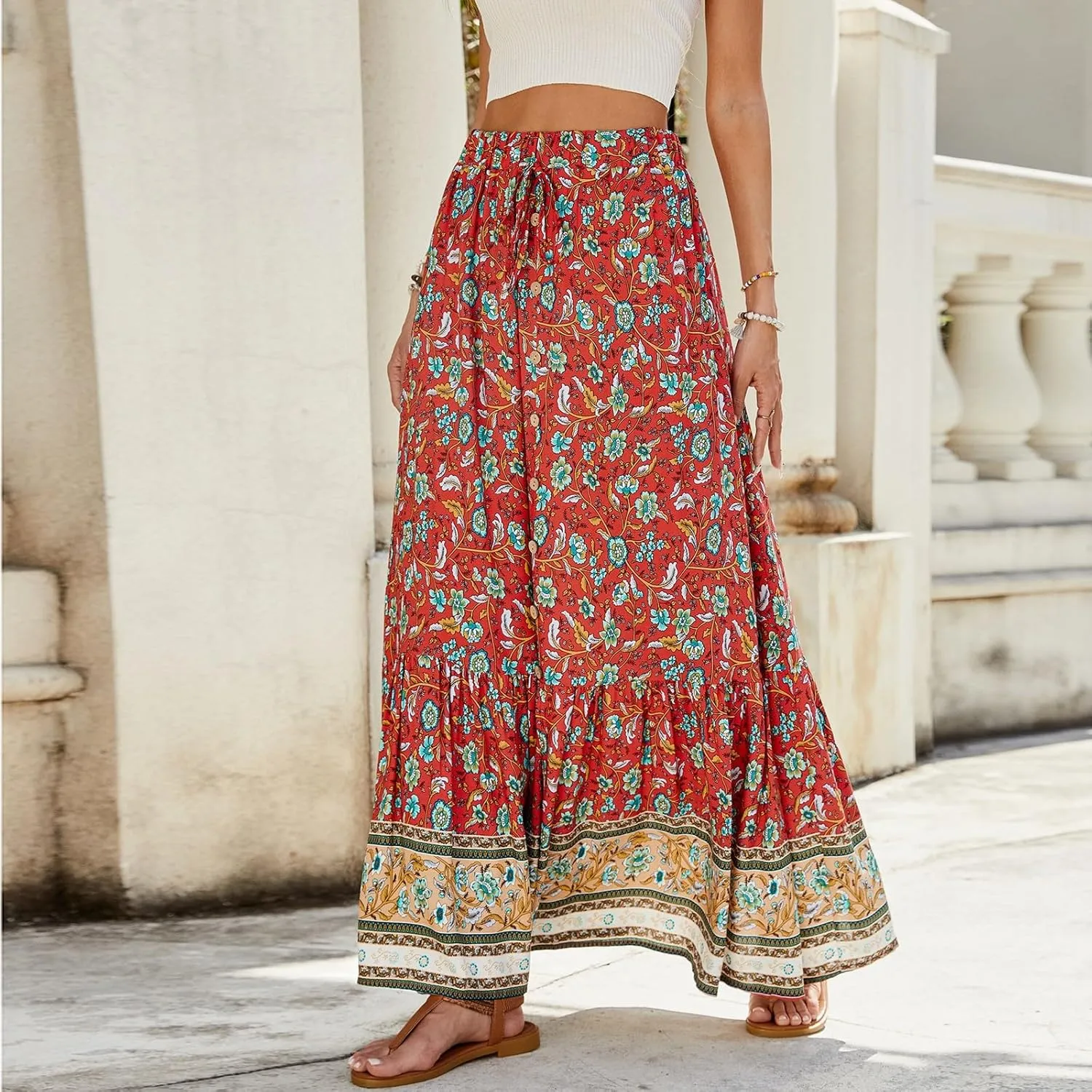 Long Skirts for Women,Elastic Waist Flowy Maxi Skirts 2025 Trendy Easter Boho Skirt Spring Summer Beach Vacation