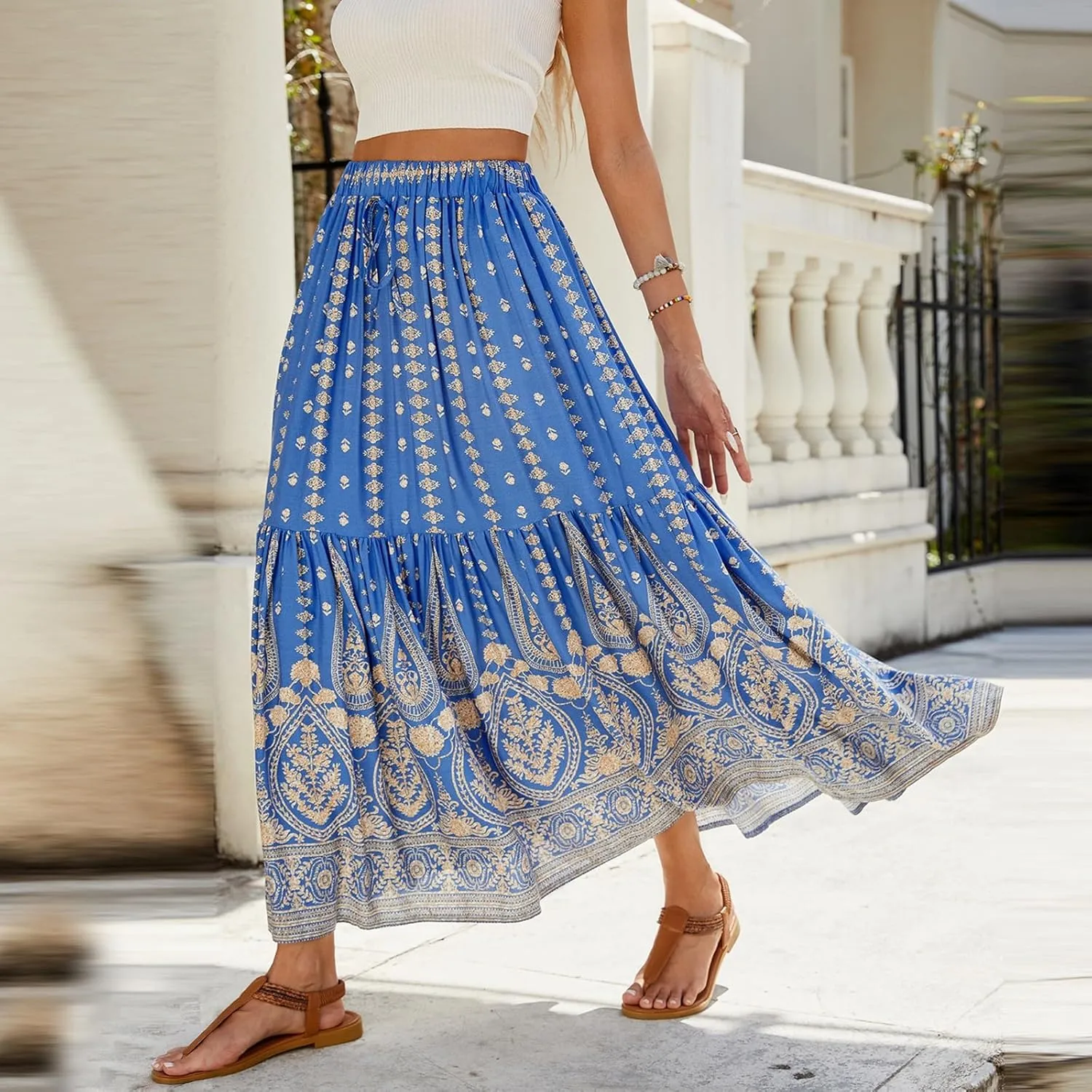 Long Skirts for Women,Elastic Waist Flowy Maxi Skirts 2025 Trendy Easter Boho Skirt Spring Summer Beach Vacation