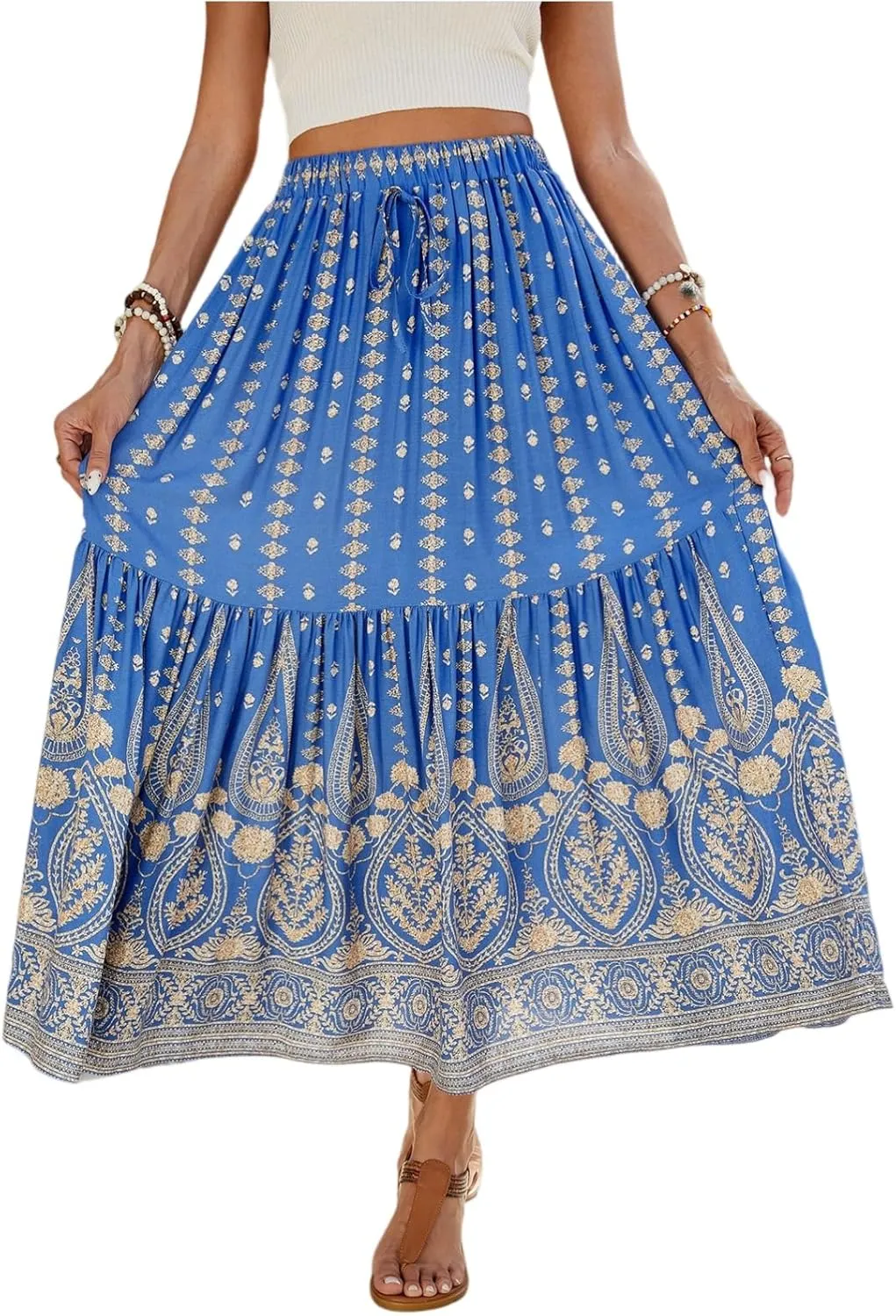 Long Skirts for Women,Elastic Waist Flowy Maxi Skirts 2025 Trendy Easter Boho Skirt Spring Summer Beach Vacation