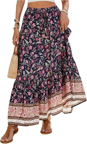 Long Skirts for Women,Elastic Waist Flowy Maxi Skirts 2025 Trendy Easter Boho Skirt Spring Summer Beach Vacation