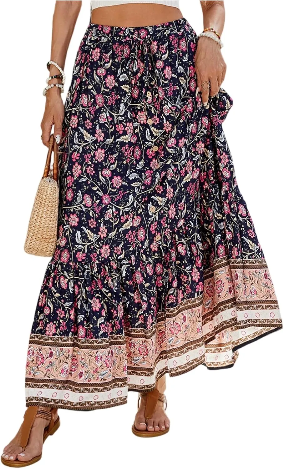 Long Skirts for Women,Elastic Waist Flowy Maxi Skirts 2025 Trendy Easter Boho Skirt Spring Summer Beach Vacation