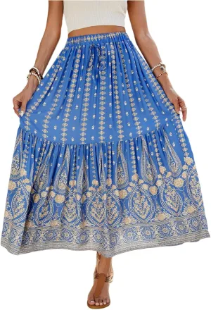 Long Skirts for Women,Elastic Waist Flowy Maxi Skirts 2025 Trendy Easter Boho Skirt Spring Summer Beach Vacation