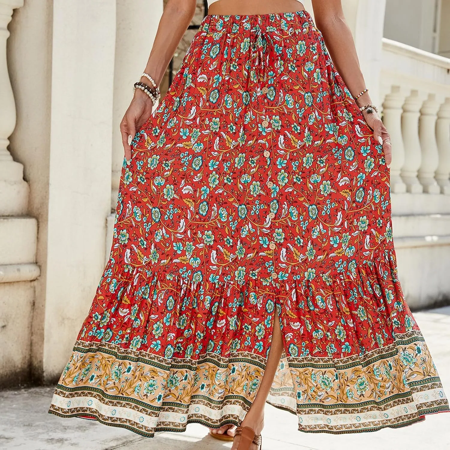 Long Skirts for Women,Elastic Waist Flowy Maxi Skirts 2025 Trendy Easter Boho Skirt Spring Summer Beach Vacation