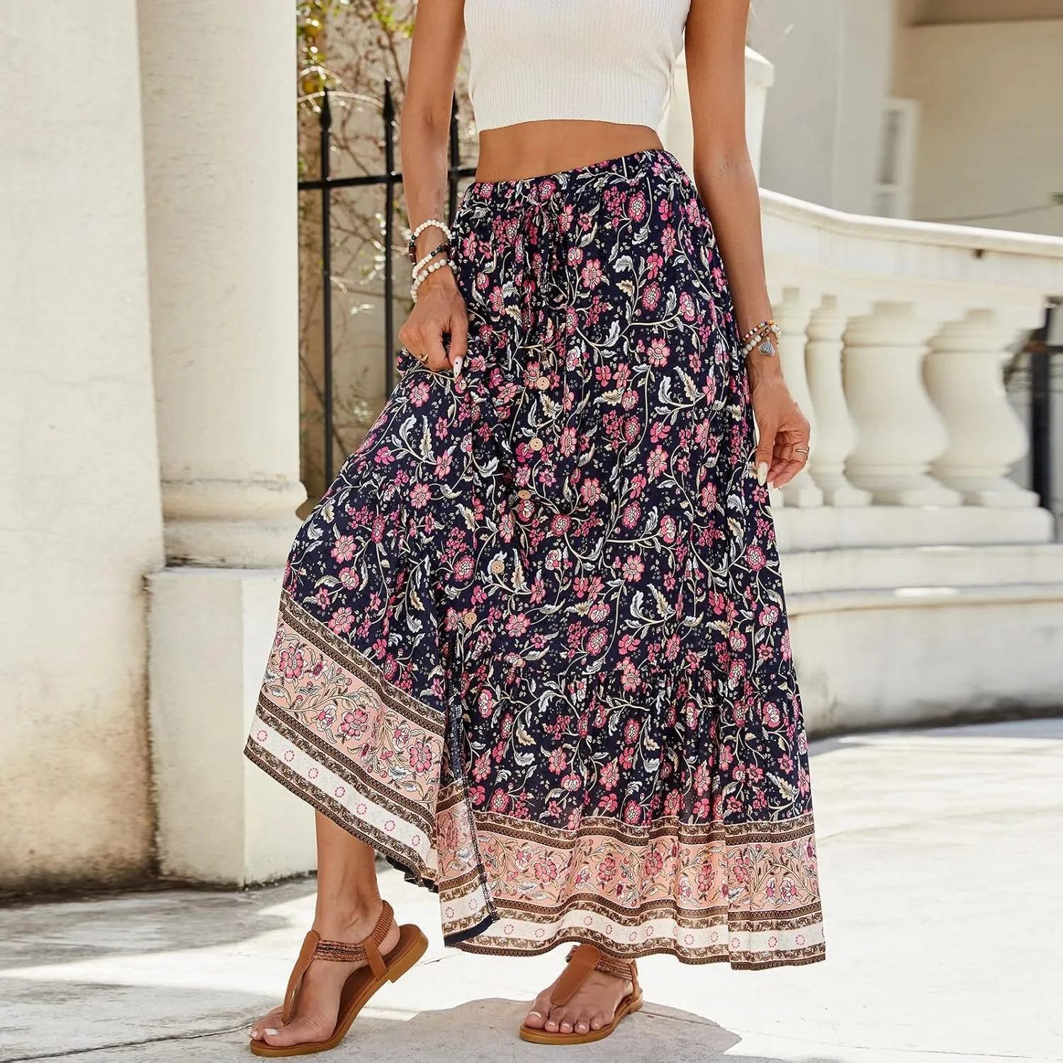 Long Skirts for Women,Elastic Waist Flowy Maxi Skirts 2025 Trendy Easter Boho Skirt Spring Summer Beach Vacation