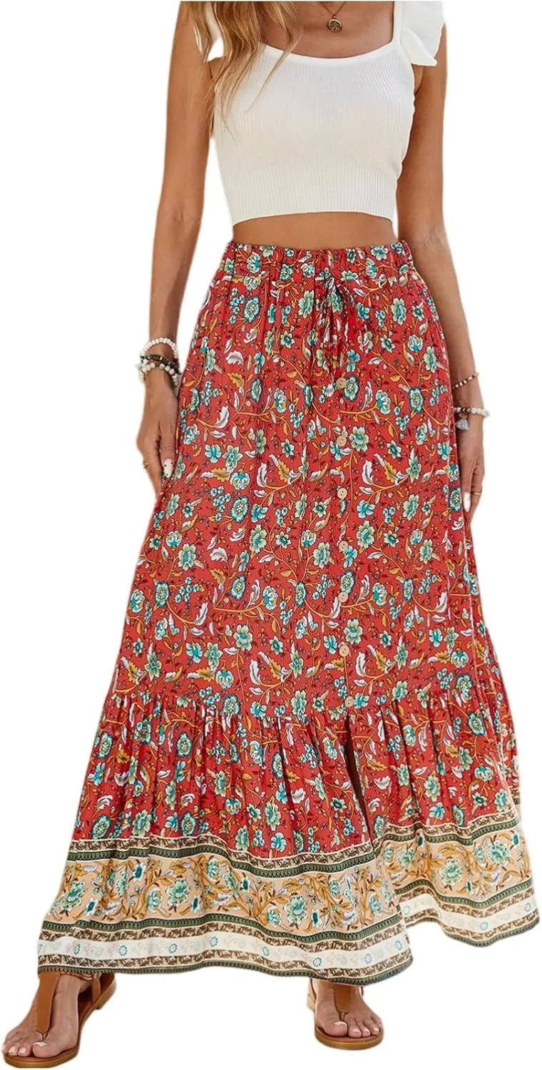 Long Skirts for Women,Elastic Waist Flowy Maxi Skirts 2025 Trendy Easter Boho Skirt Spring Summer Beach Vacation