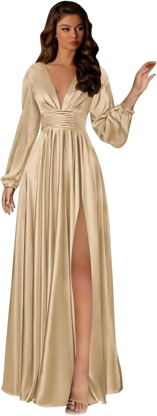 Long Sleeve Satin Bridesmaid Dresses A Line Prom Dress Split Pleated Formal Evening Dress with Pockets AP03