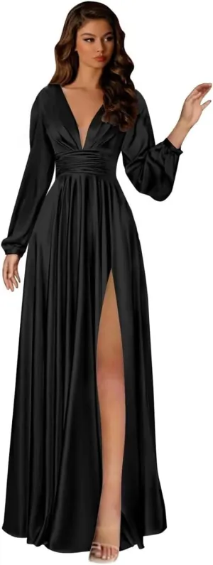 Long Sleeve Satin Bridesmaid Dresses A Line Prom Dress Split Pleated Formal Evening Dress with Pockets AP03