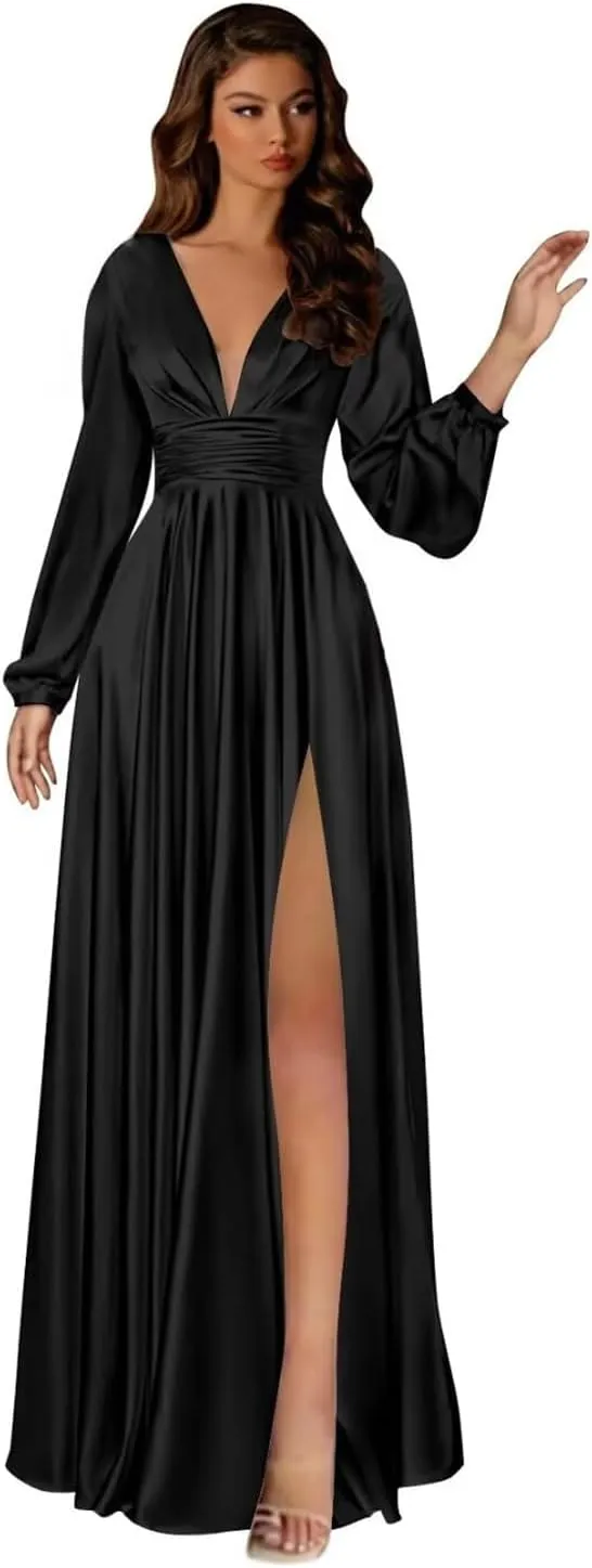 Long Sleeve Satin Bridesmaid Dresses A Line Prom Dress Split Pleated Formal Evening Dress with Pockets AP03
