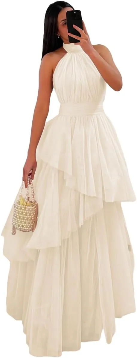 Long Tiered Tulle Prom Dress Halter Bridesmaid Dresses Ruffled Formal Evening Party Gowns