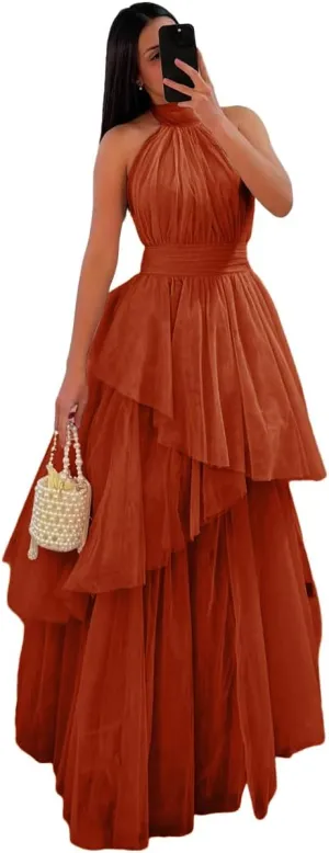 Long Tiered Tulle Prom Dress Halter Bridesmaid Dresses Ruffled Formal Evening Party Gowns