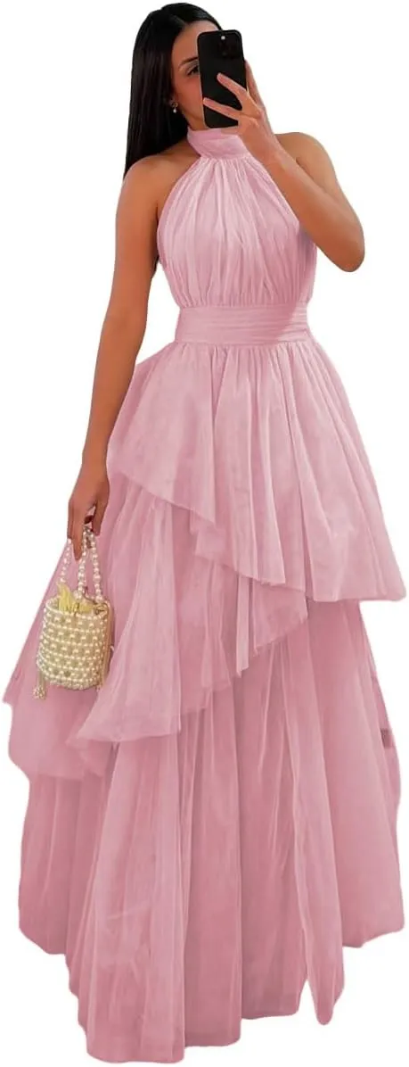Long Tiered Tulle Prom Dress Halter Bridesmaid Dresses Ruffled Formal Evening Party Gowns