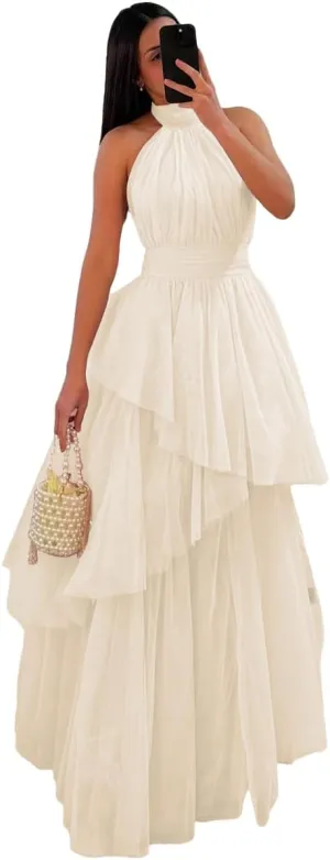 Long Tiered Tulle Prom Dress Halter Bridesmaid Dresses Ruffled Formal Evening Party Gowns