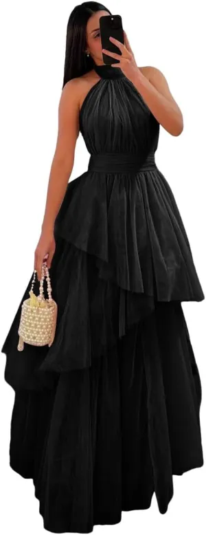 Long Tiered Tulle Prom Dress Halter Bridesmaid Dresses Ruffled Formal Evening Party Gowns
