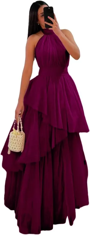 Long Tiered Tulle Prom Dress Halter Bridesmaid Dresses Ruffled Formal Evening Party Gowns