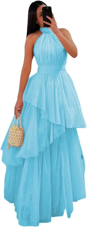 Long Tiered Tulle Prom Dress Halter Bridesmaid Dresses Ruffled Formal Evening Party Gowns
