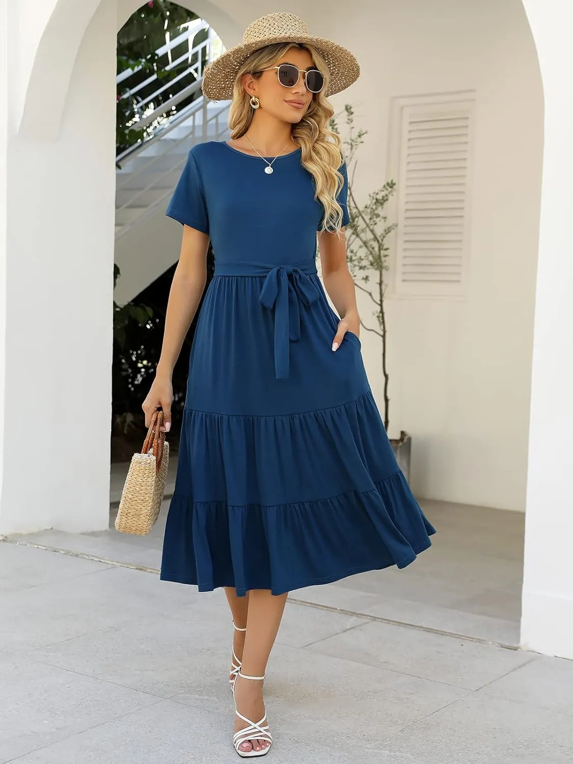 Lyrur Women's Dresses Casual Summer Tiered Midi Dress Short Sleeve Belted Ruffle Babydoll Boho Sundress with Pockets