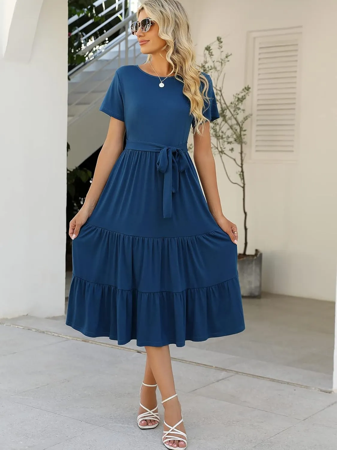 Lyrur Women's Dresses Casual Summer Tiered Midi Dress Short Sleeve Belted Ruffle Babydoll Boho Sundress with Pockets