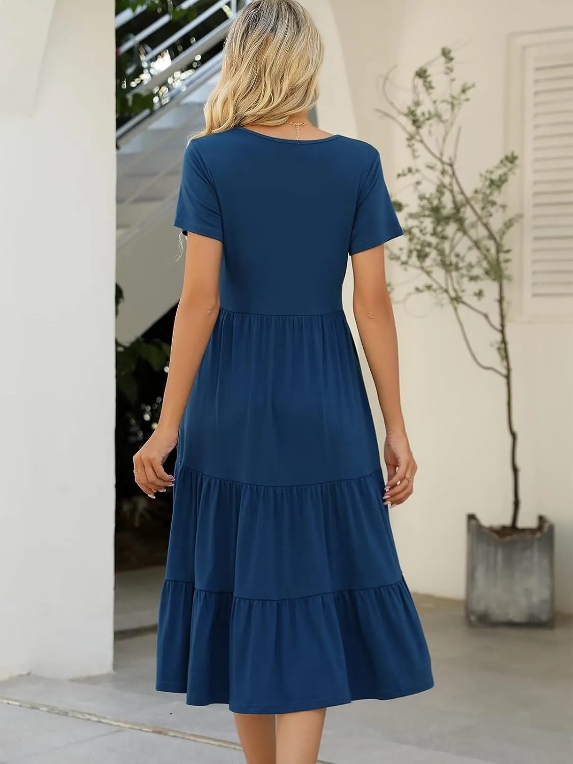 Lyrur Women's Dresses Casual Summer Tiered Midi Dress Short Sleeve Belted Ruffle Babydoll Boho Sundress with Pockets