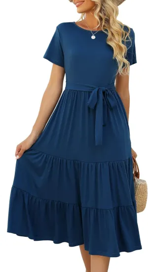 Lyrur Women's Dresses Casual Summer Tiered Midi Dress Short Sleeve Belted Ruffle Babydoll Boho Sundress with Pockets