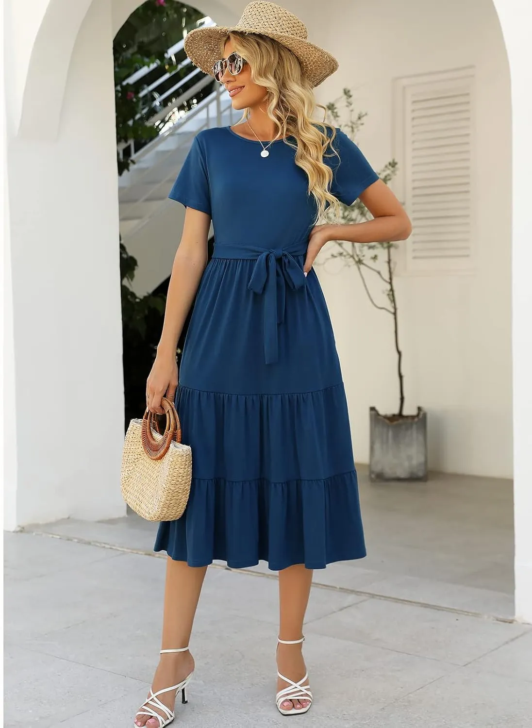 Lyrur Women's Dresses Casual Summer Tiered Midi Dress Short Sleeve Belted Ruffle Babydoll Boho Sundress with Pockets
