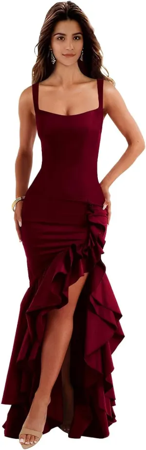 MAGGCIF Ruffle Mermaid Prom Dresses for Women 2025 Satin Bodycon Spaghetti Straps Long Formal Party Cocktail Gown