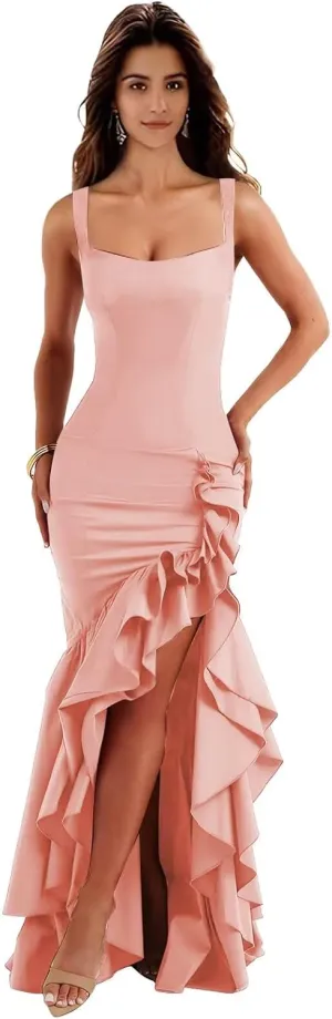 MAGGCIF Ruffle Mermaid Prom Dresses for Women 2025 Satin Bodycon Spaghetti Straps Long Formal Party Cocktail Gown