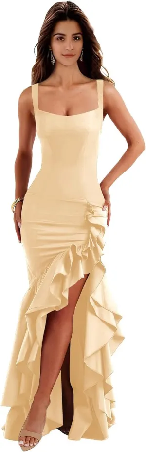 MAGGCIF Ruffle Mermaid Prom Dresses for Women 2025 Satin Bodycon Spaghetti Straps Long Formal Party Cocktail Gown