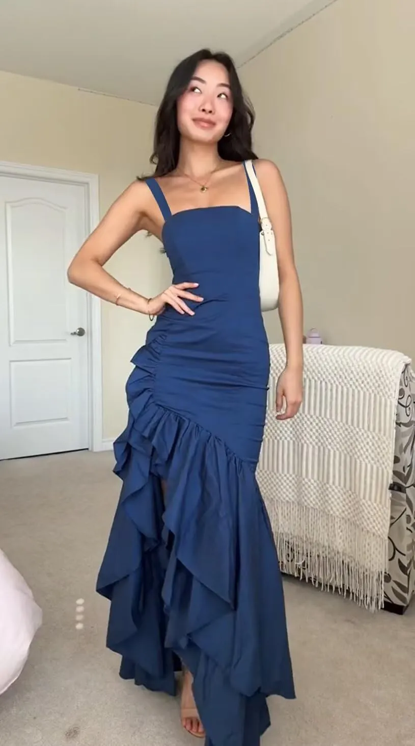 MAGGCIF Ruffle Mermaid Prom Dresses for Women 2025 Satin Bodycon Spaghetti Straps Long Formal Party Cocktail Gown
