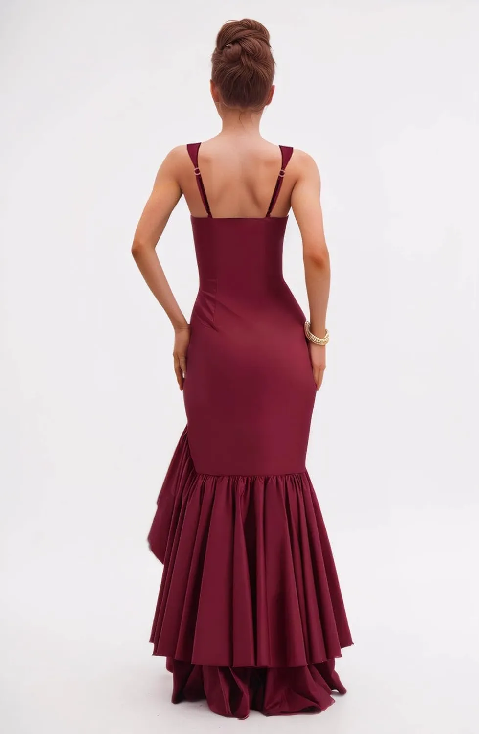 MAGGCIF Ruffle Mermaid Prom Dresses for Women 2025 Satin Bodycon Spaghetti Straps Long Formal Party Cocktail Gown