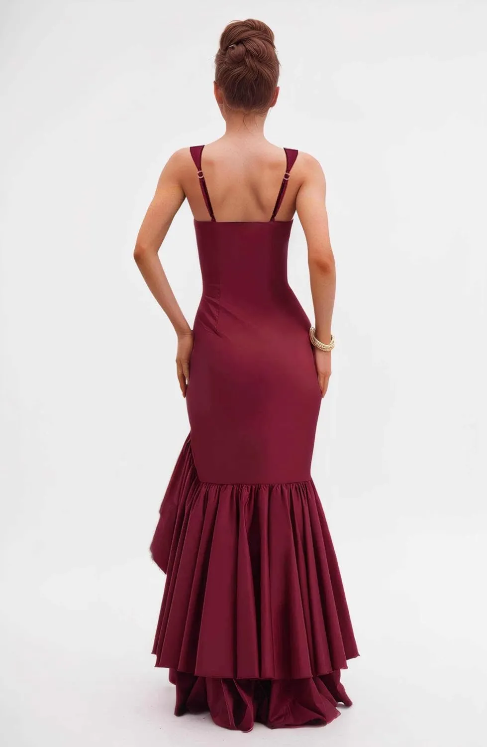 MAGGCIF Ruffle Mermaid Prom Dresses for Women 2025 Satin Bodycon Spaghetti Straps Long Formal Party Cocktail Gown