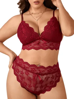 MakeMeChic Women's Plus Size Lingerie Set Floral Lace Scallop Trim Underwire Bra and Panty Sets