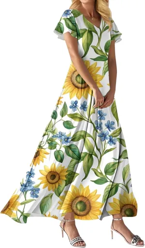 Maxi Dresses for Women 2025 Formal Wrap V Neck Chiffon Boho Flowy Swing Sundress Ruffle Short Sleeve Floral Dress